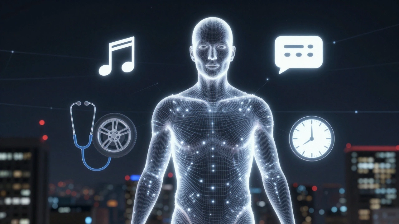 A glowing human figure surrounded by symbols representing invisible services like streaming, transport, and AI.