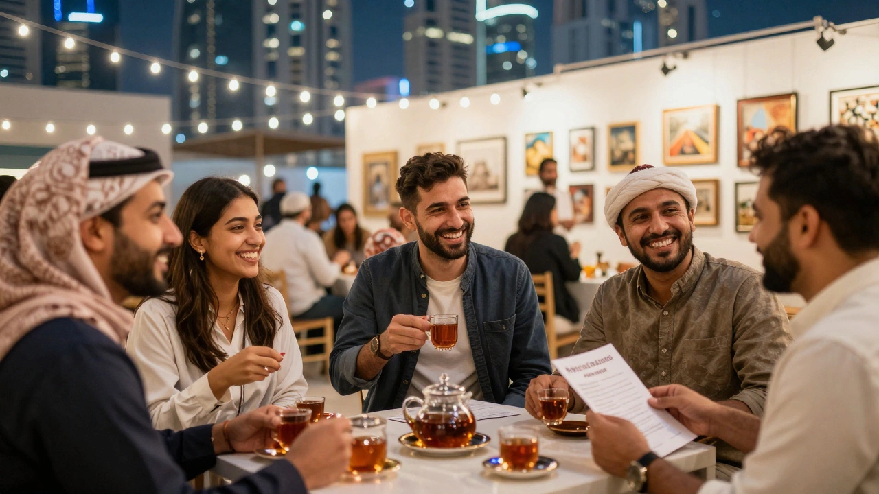 A group of expats enjoying a cultural event in Dubai, laughing together under string lights at a gallery gathering.