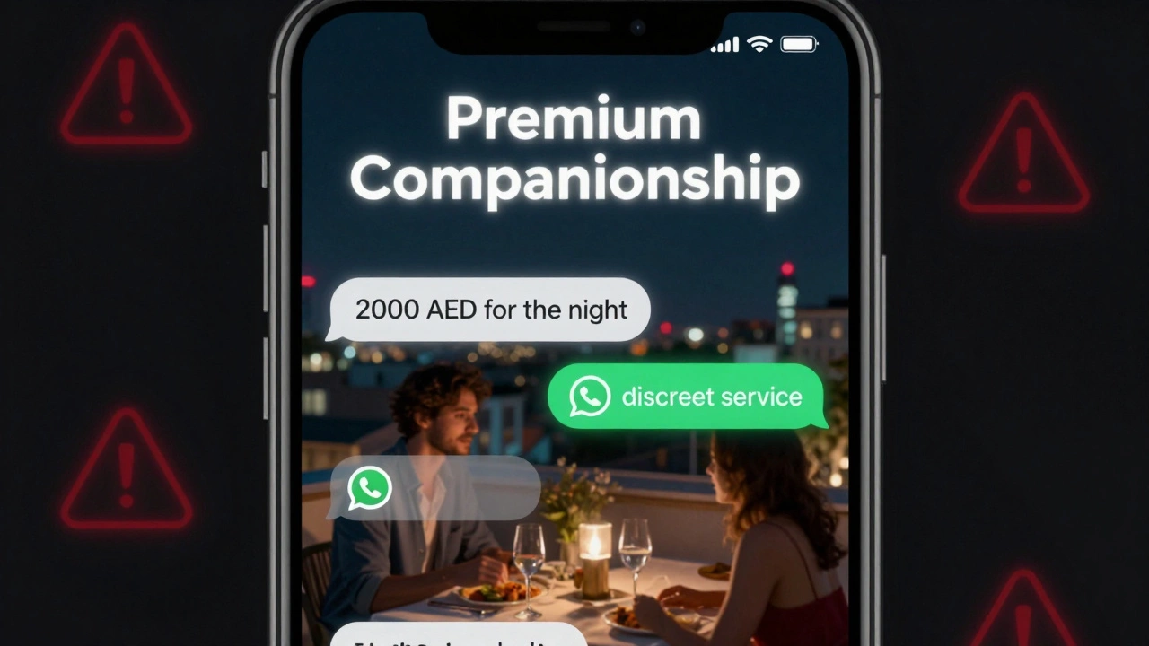A smartphone screen displaying a vague escort ad with hidden WhatsApp messages and warning symbols in a dark setting.