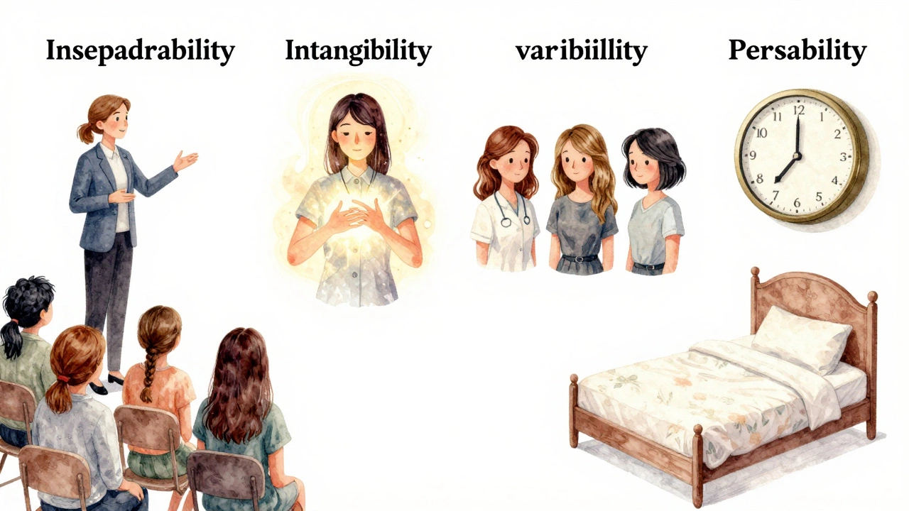 Watercolor illustration showing the four characteristics of services through everyday scenes.
